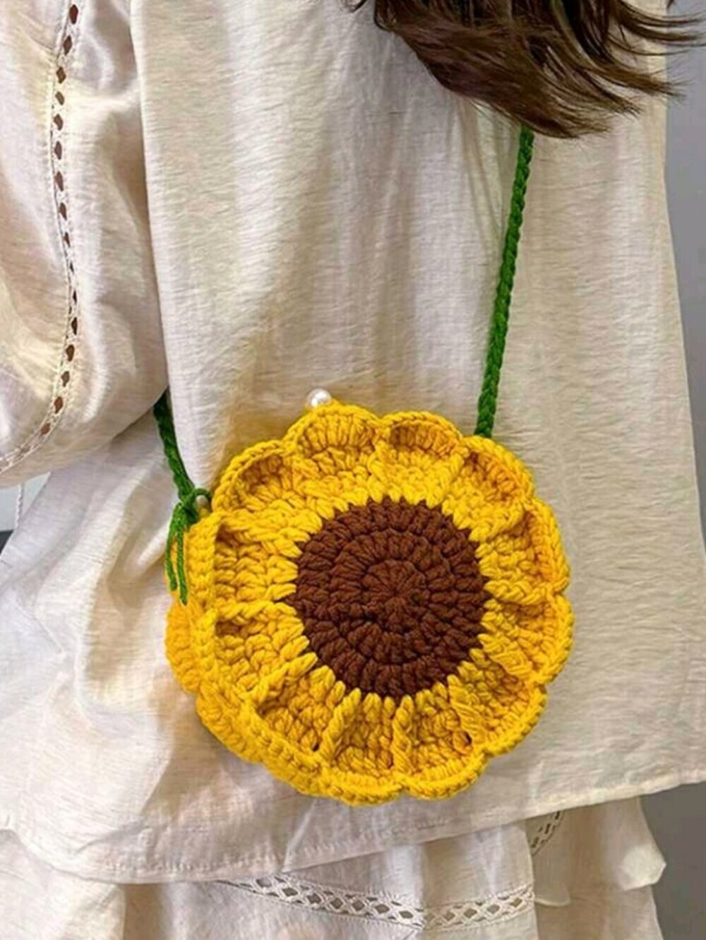 Handmade Sunflower Crochet Crossbody Bag Yellow & Brown Green Straps